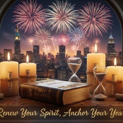 Festive scene with candles, Bible, and hourglass overlooking city skyline with fireworks.