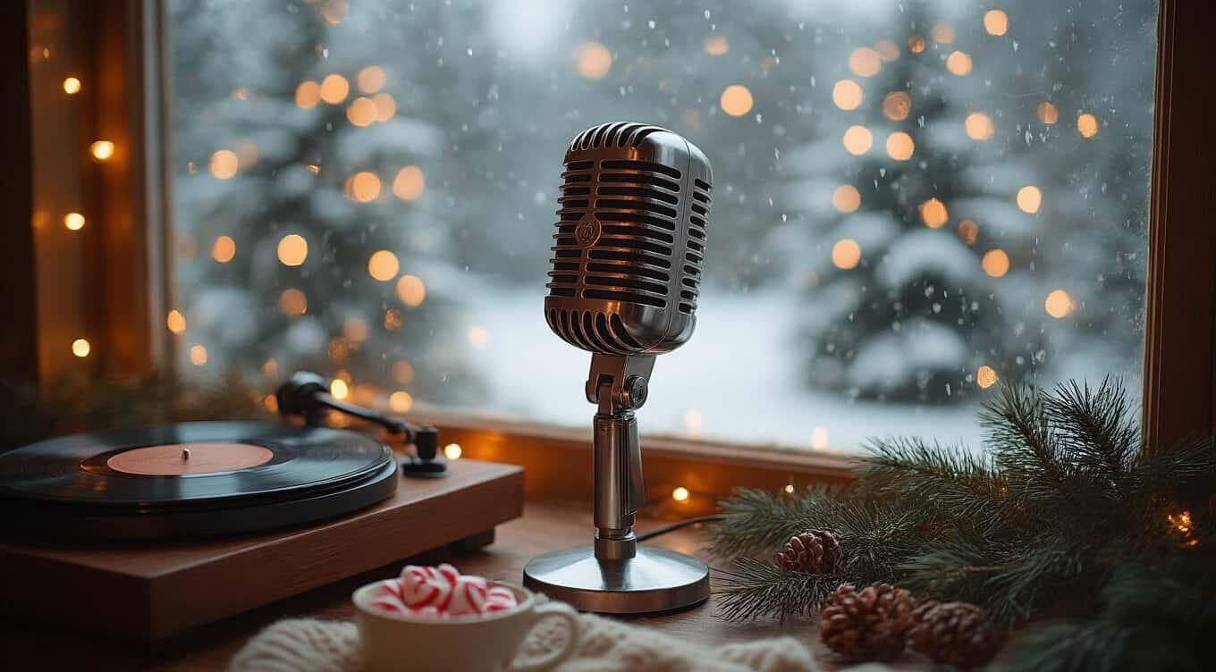 Microphone and record player on a cozy winter window sill, decorated with pinecones and Christmas lights. Perfect for recording or live singing of gospel and Christian songs for a holiday or church celebration.