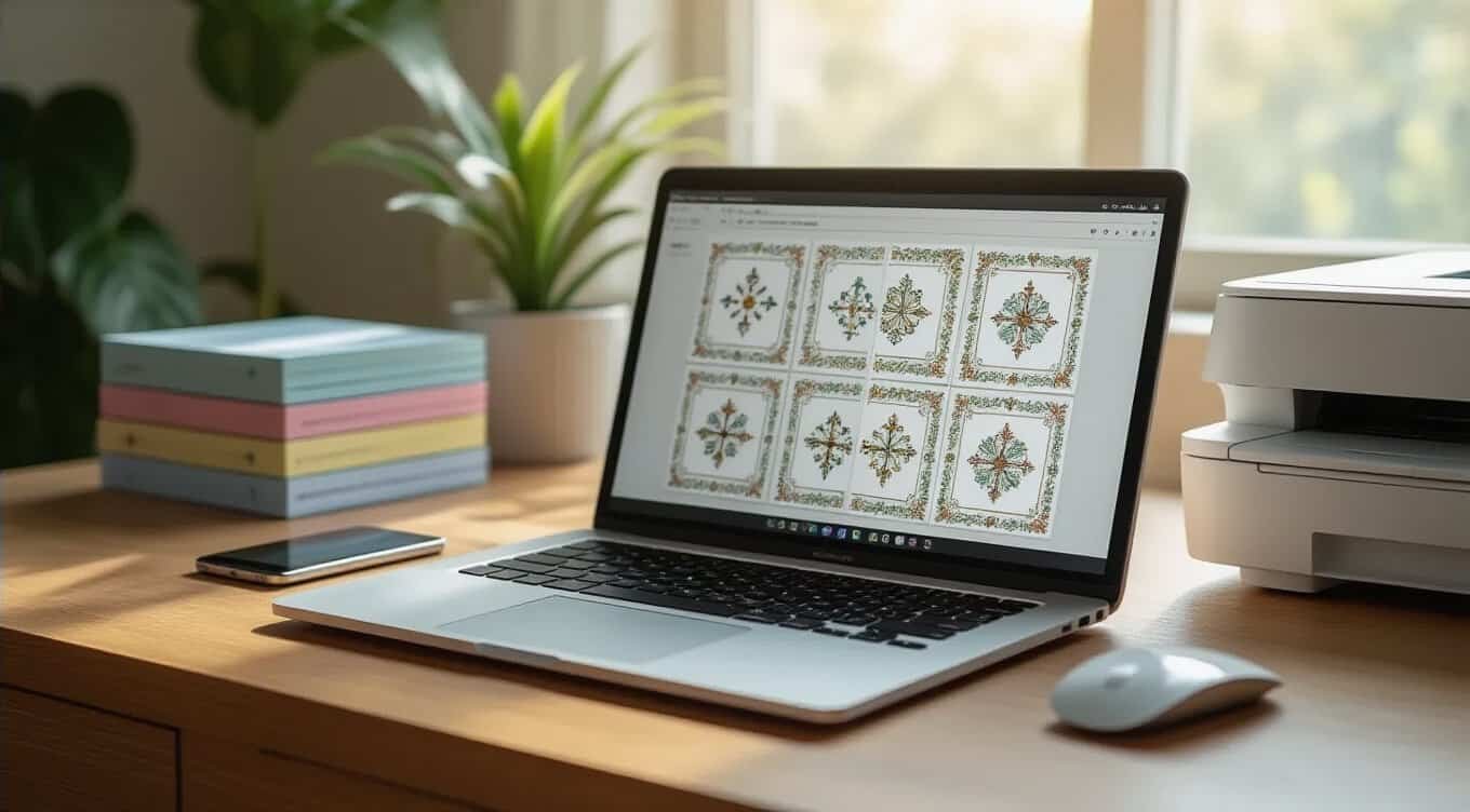A laptop displaying intricate biblical artwork on a wooden desk with office supplies. Ideal for Christian music and Bible-themed websites, highlighting digital Bible art, Christian creativity, and religious design.