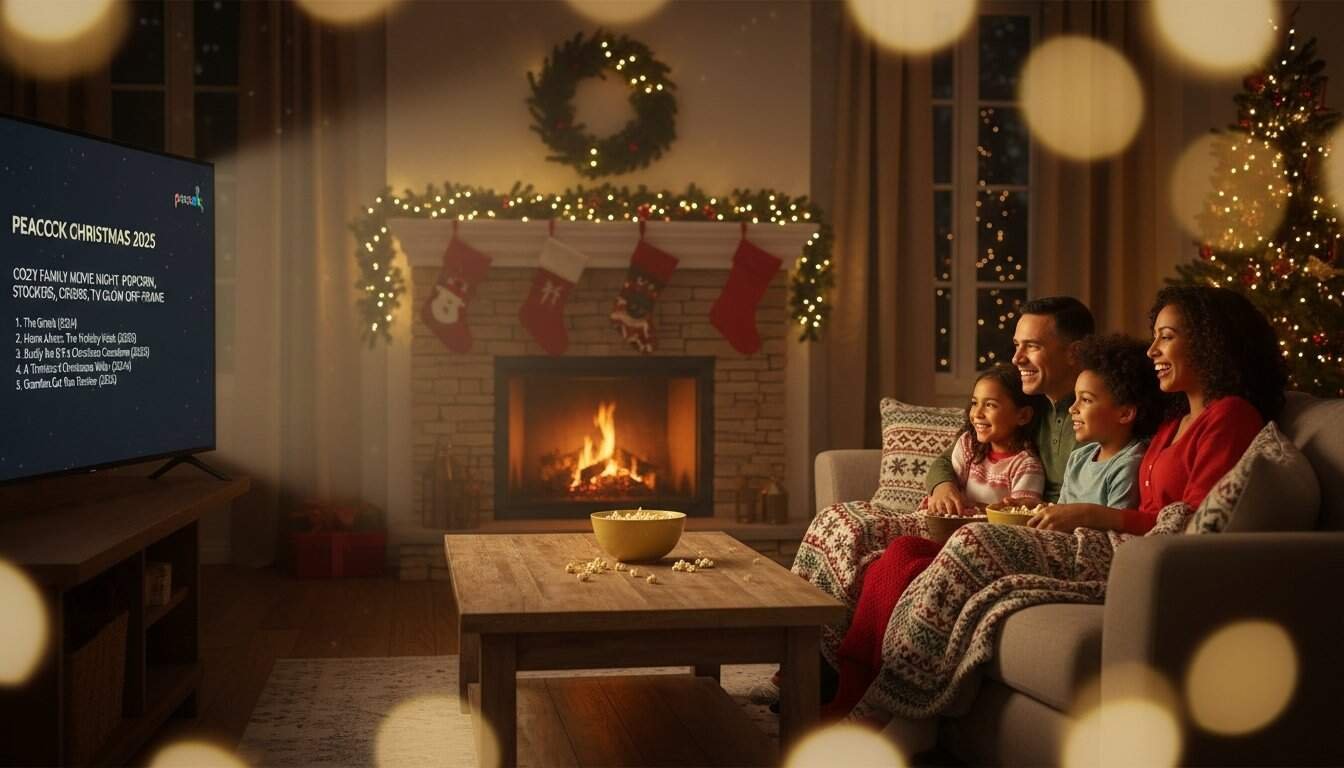 Family enjoying Christmas movie night in a warm living room decorated with holiday lights, stockings, and a lit fireplace, creating a joyful holiday atmosphere.