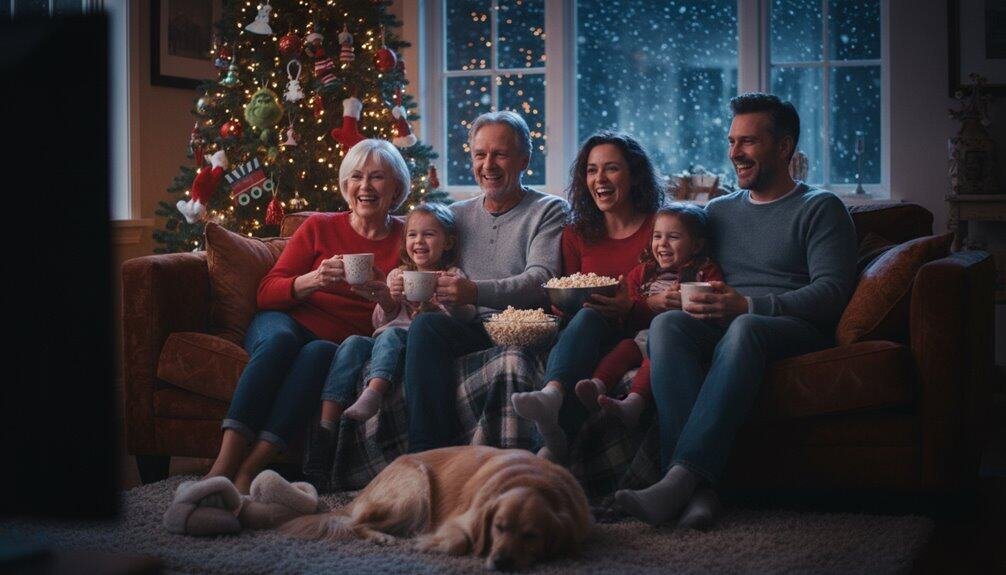 Happy family enjoying Christmas movie and singing Bible songs at home, cozy living room with decorated tree, snacks, and joyful atmosphere during holiday season.
