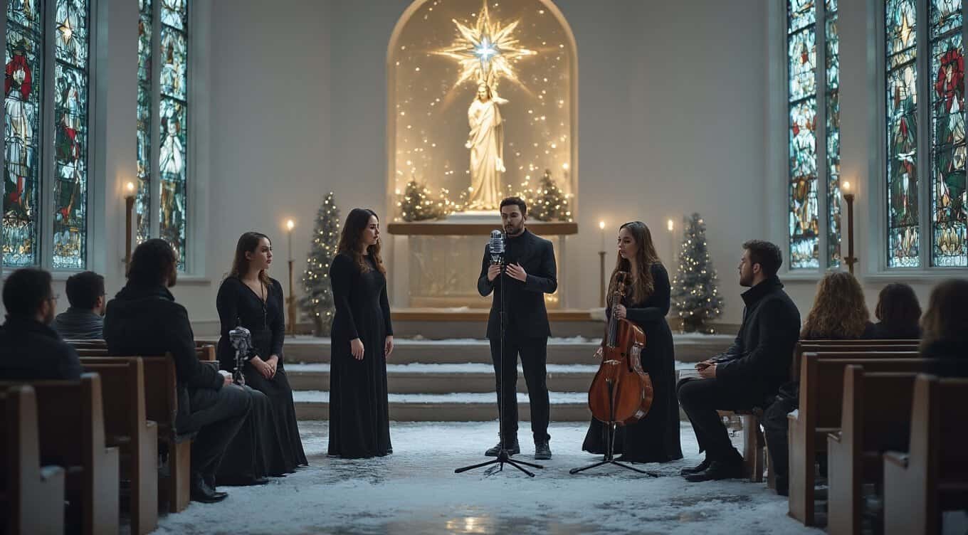 Gentlemen choir singing in church during Christmas service with stained glass windows and nativity scene, celebrating faith and holiday spirit.