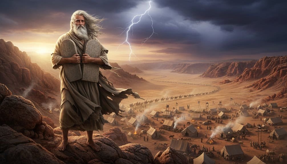 Powerful biblical scene with an elderly man holding stone tablets, set against a dramatic desert landscape with lightning and a thousand tents.