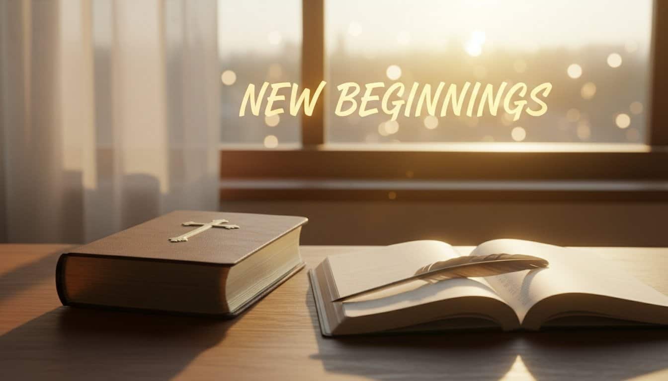 An inspiring image of a closed Bible with a cross on the cover and an open Bible with a feather pen, set against a warm sunset view and a window with flowing curtains.
