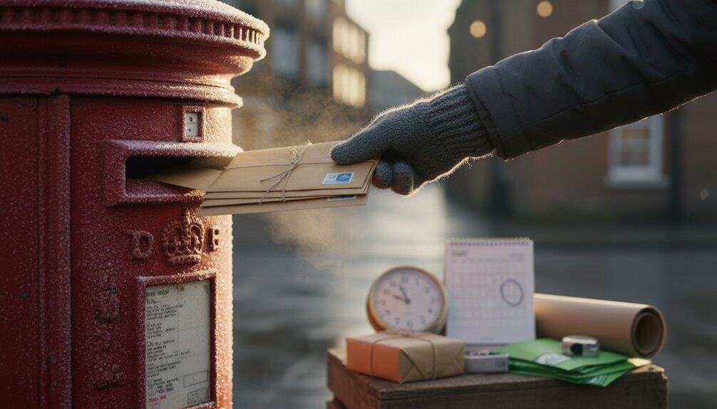 Alt text: A person wearing a glove is mailing letters into a red postbox on a frosty morning, with a clock, packages, and stationery on a nearby table.