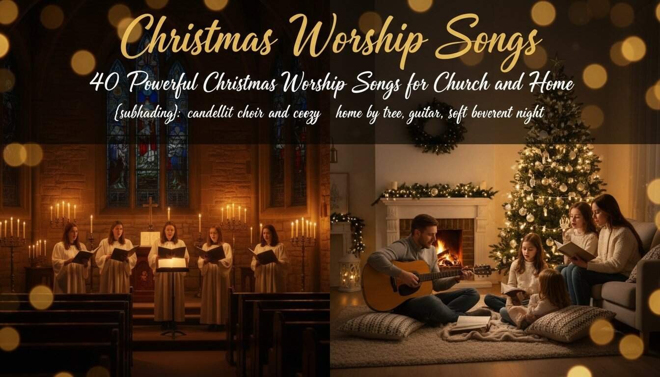 A festive Christmas scene with church choir and family singing worship songs by the fireplace, highlighting Christmas worship, church music, family devotion, and holiday spirituality.