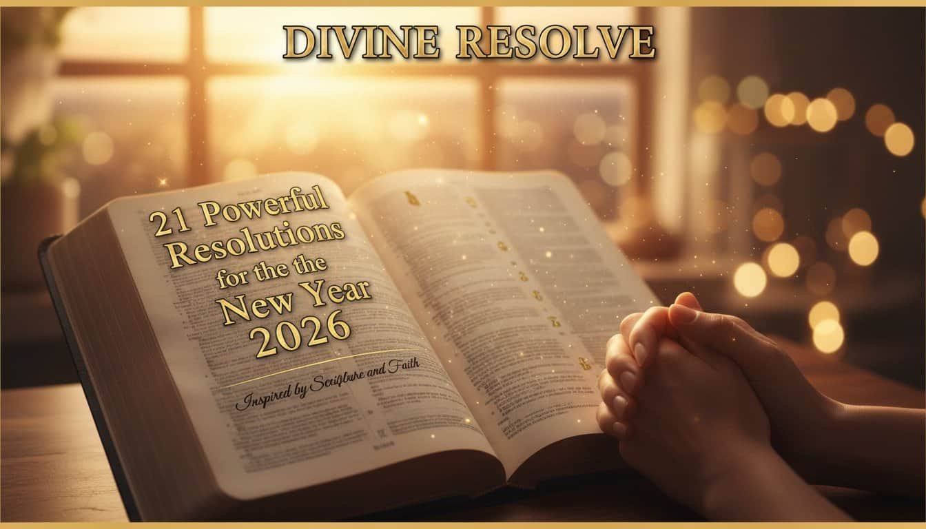 Praying hands in front of an open Bible with "Divine Resolve" text, promoting faith-based New Year resolutions, spiritual growth, and biblical inspiration for 2026.