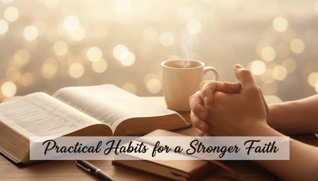 A person praying with hands folded over an open Bible and a steaming cup, highlighting practical habits for strengthening faith and spiritual growth.
