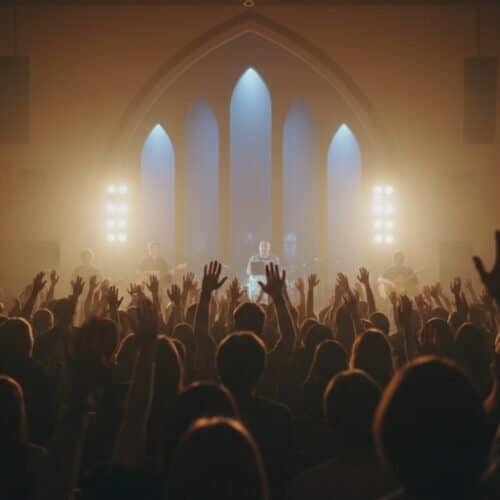A vibrant church worship service featuring a live band and congregation singing passionately, with hands raised in praise. The warm, radiant lighting enhances the spiritual and uplifting atmosphere of faith-focused music and communal worship.