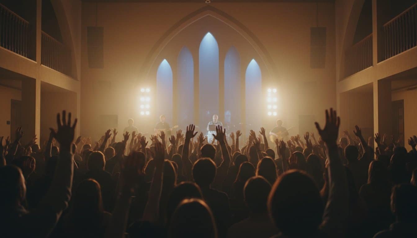 A vibrant church worship service featuring a live band and congregation singing passionately, with hands raised in praise. The warm, radiant lighting enhances the spiritual and uplifting atmosphere of faith-focused music and communal worship.