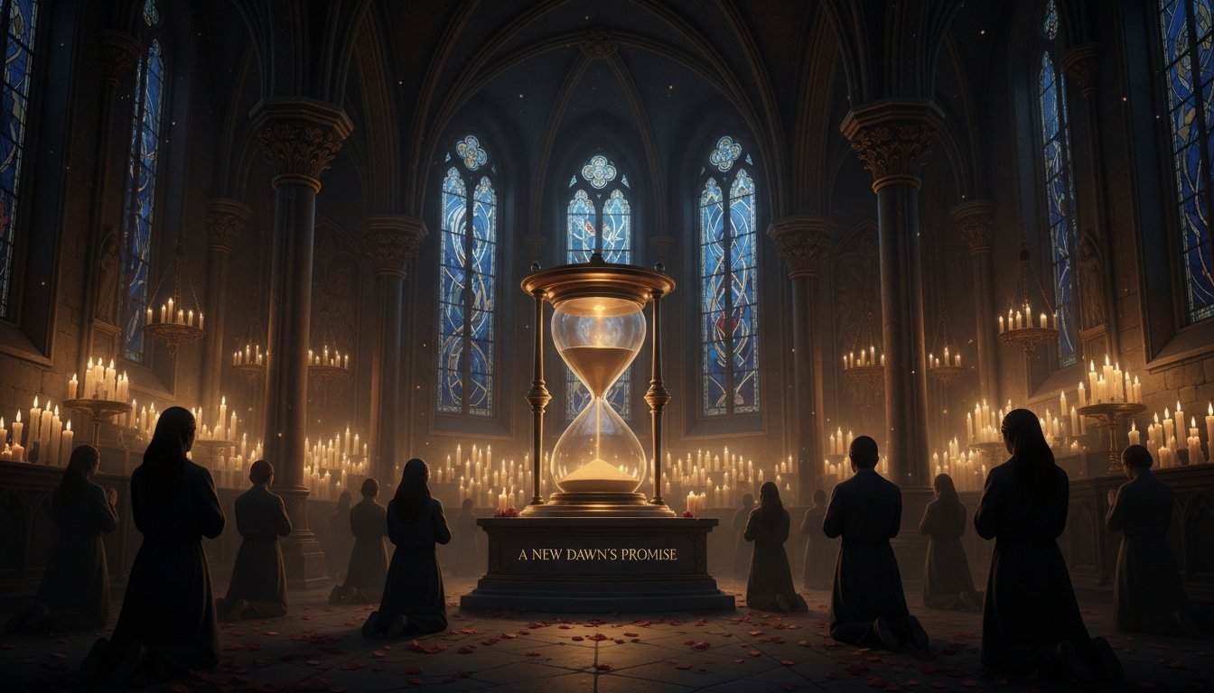 An inspiring church interior illuminated by candles with tall stained glass windows. Devoted worshippers kneel in prayer around a large hourglass with the inscription “A New Dawn’s Promise,” symbolizing hope and spiritual renewal.