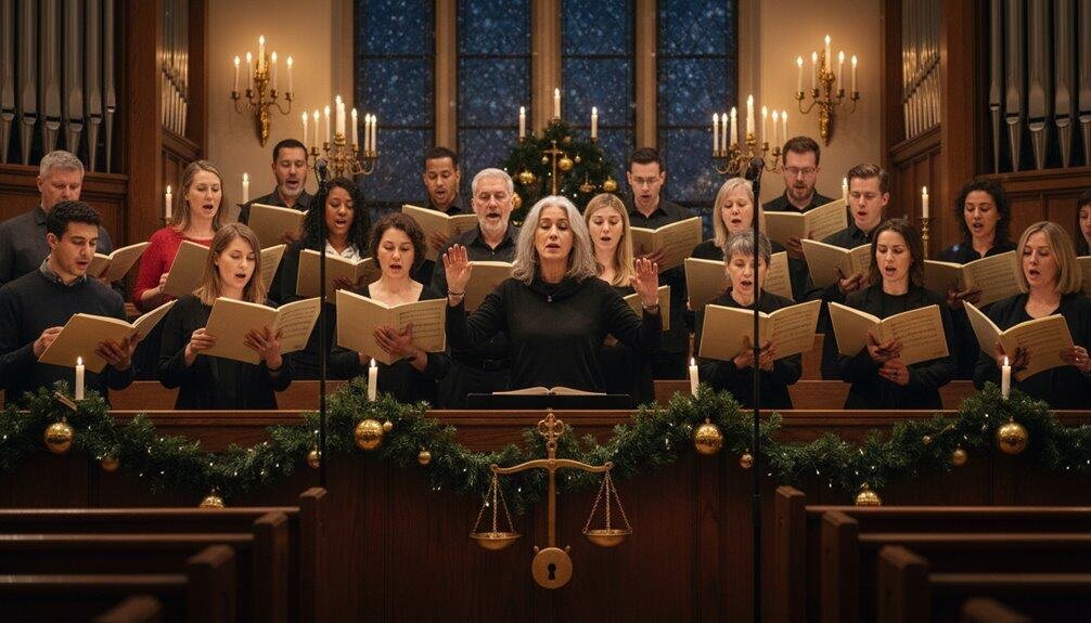 Choir singing Christmas carols in church, Christmas decorations, candles, festive atmosphere, holiday music, worship, community gathering, joyful singing, spiritual celebration.