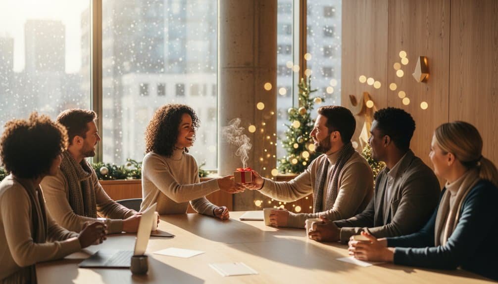 How to Wish Someone a Merry Christmas: Warm, Friendly Christmas Wishes: 23 Message Ideas for Friends, Family, and Neighbors My Bible Song 2026 A diverse group of colleagues exchanging a Christmas gift in a festive office setting with holiday decorations and a Christmas tree in the background, celebrating the spirit of giving and togetherness during the holidays.