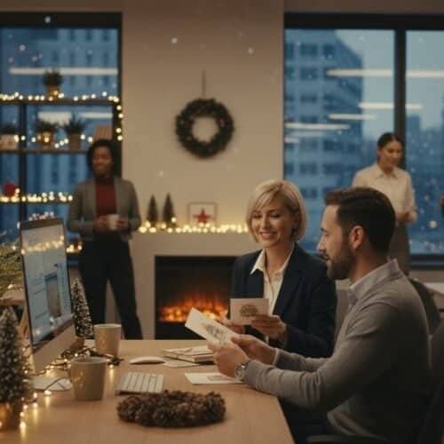 An office holiday party with employees exchanging Christmas cards and sharing joyful moments in a beautifully decorated, cozy workspace.