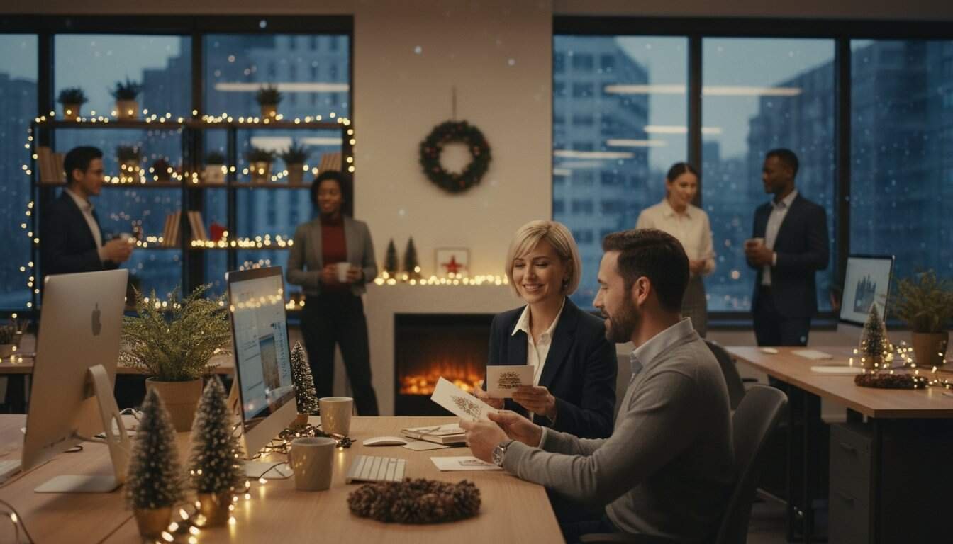An office holiday party with employees exchanging Christmas cards and sharing joyful moments in a beautifully decorated, cozy workspace.
