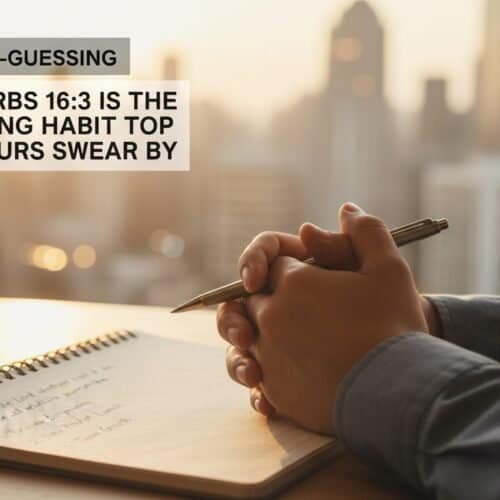 Praying and reflecting on Proverbs 16:3 with a notebook and pen during sunrise, emphasizing faith and goal-setting habits.