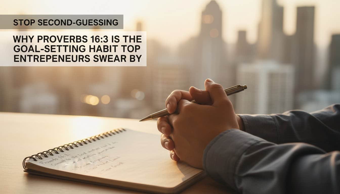 Praying and reflecting on Proverbs 16:3 with a notebook and pen during sunrise, emphasizing faith and goal-setting habits.