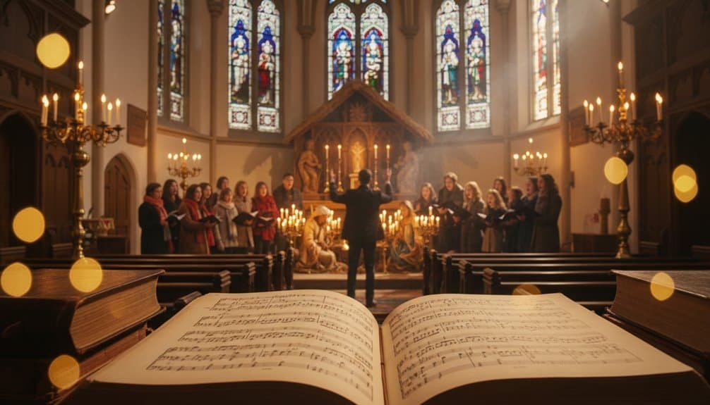 Chorus of singers in church, hymn, worship, gospel music, community, spiritual, congregation, song, praise, faith, religious service, melody, sacred, choir practice, choir rehearsal, hymn singing, church music, worship song, gospel choir, Christian worship.