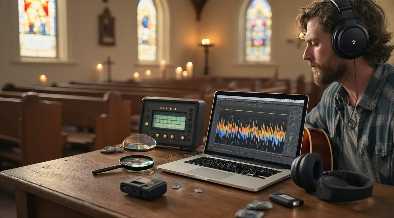 Free Worship Songs Legal Downloads and Royalty-Free Picks My Bible Song 2026 A man recording church or gospel music with a laptop, audio equipment, and headphones in a church setting, emphasizing Christian worship, gospel song recording, and music production for faith-based content.