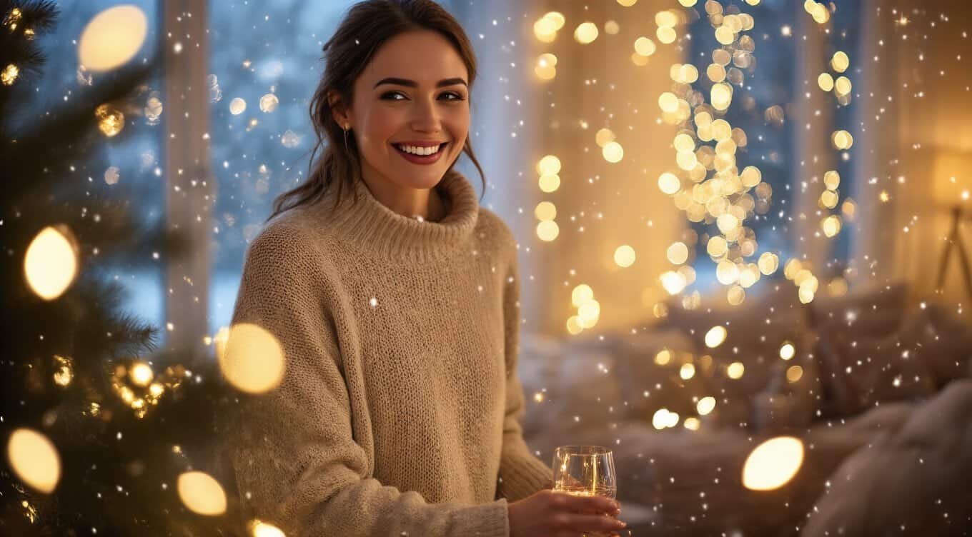 Bright Christmas lights with a smiling woman enjoying the festive atmosphere.