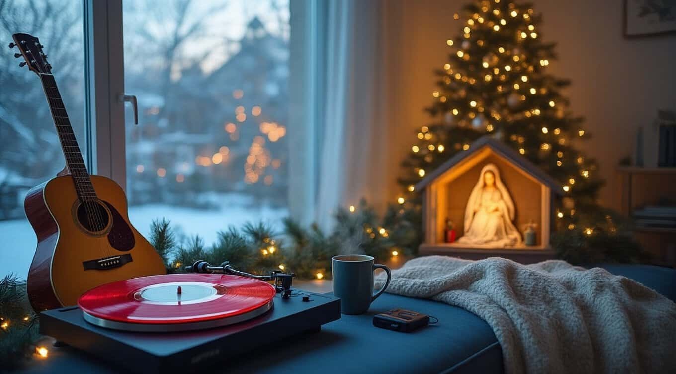 Soft-lit Christmas scene with guitar, vinyl record player, and nativity scene by a cozy window, perfect for holiday music and spiritual reflection.