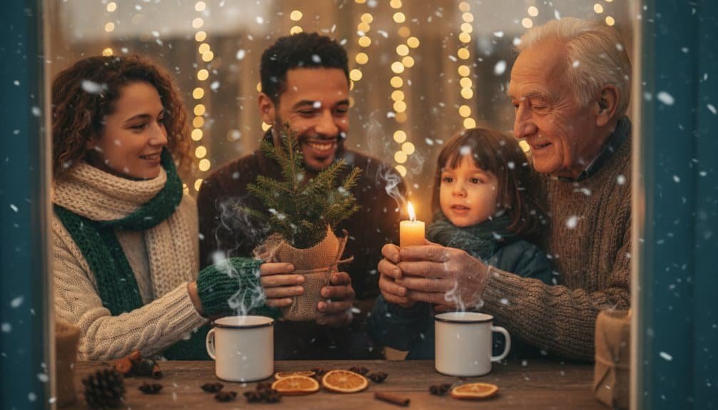 Happy family gathered around a candlelit table during Christmas, sharing joyful moments, singing, and enjoying the holiday spirit together inside a cozy, decorated home.