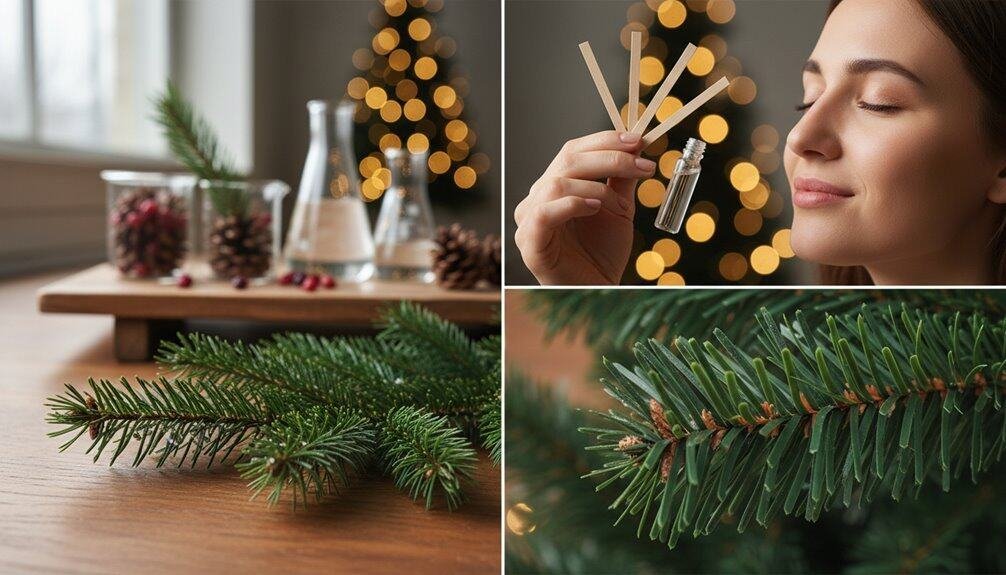 Young woman using diffuser to create festive Christmas aromatherapy with pine scent.