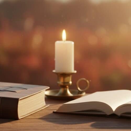An open Bible, a candle, and a closed Bible on a wooden table with warm sunlight, perfect for Bible study, Christian worship, prayer, and spiritual reflection.