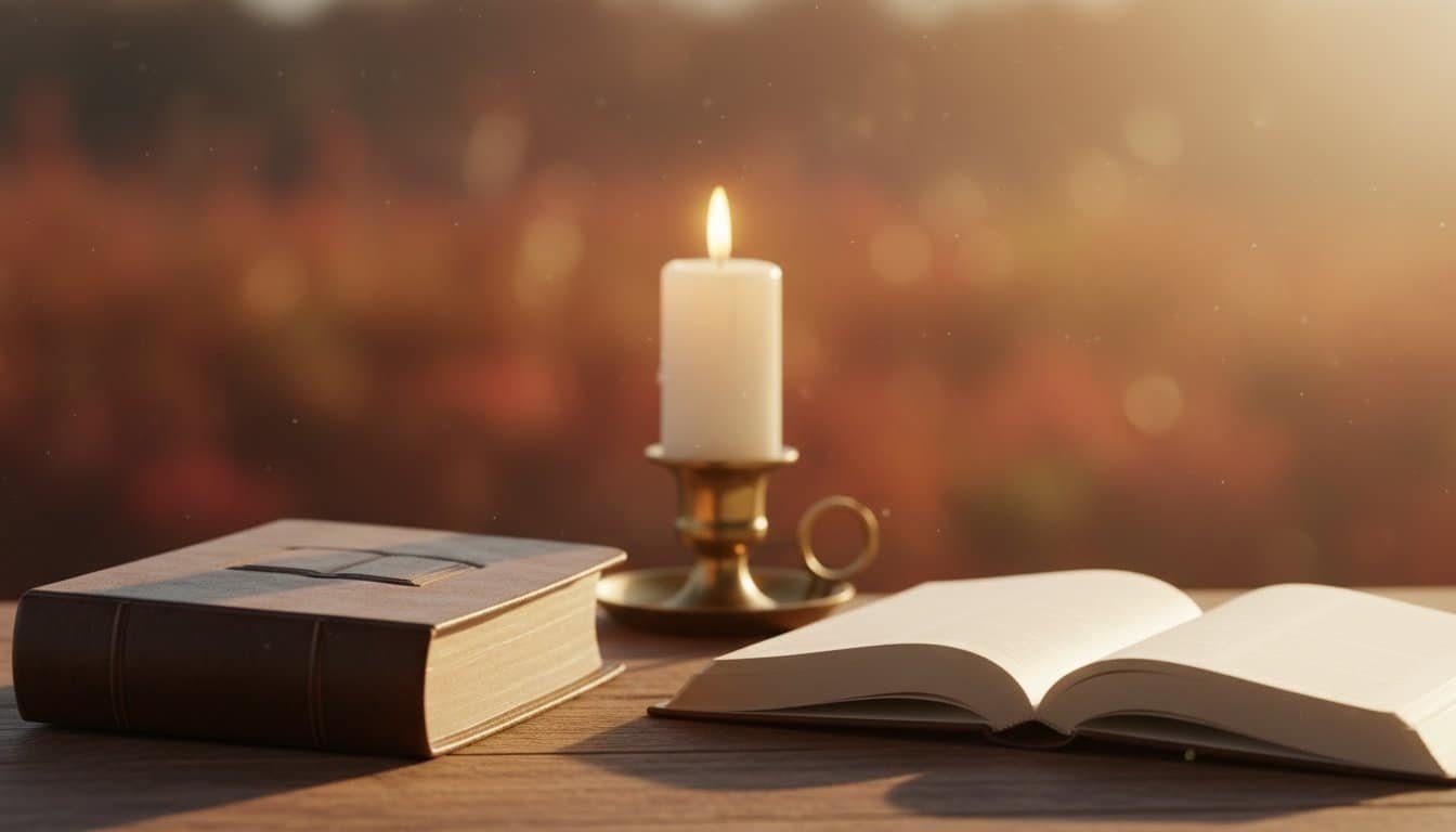 An open Bible, a candle, and a closed Bible on a wooden table with warm sunlight, perfect for Bible study, Christian worship, prayer, and spiritual reflection.