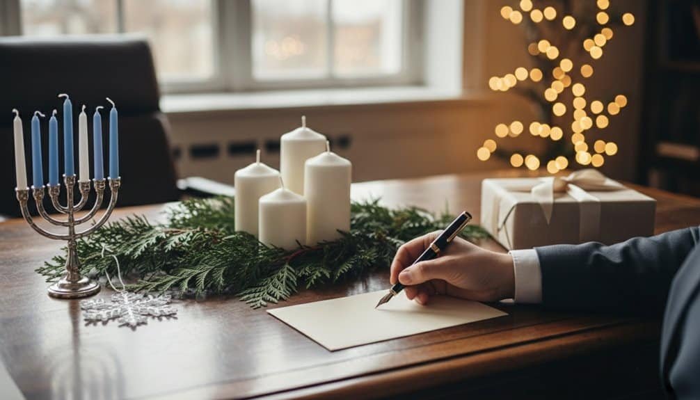 A person in a suit writes a prayer or message during the holiday season with festive decorations and candles.