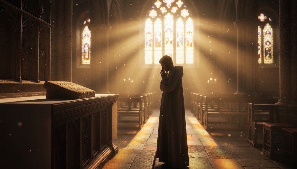 Praying inside a church with sunlight streaming through stained glass windows, creating a spiritual atmosphere for faith and worship.