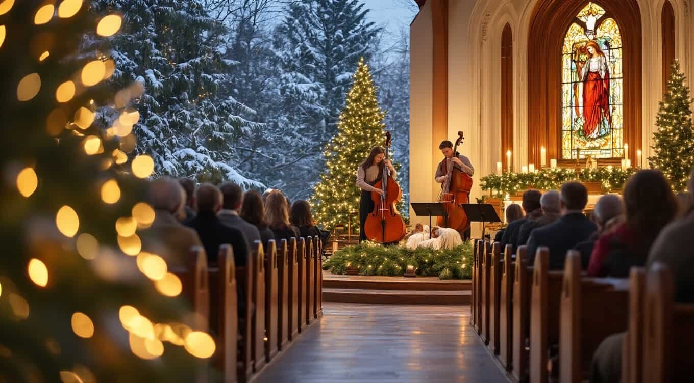 1. Christmas church service with musical performance featuring two musicians playing cellos during holiday service.