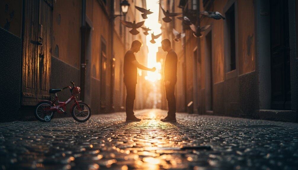 Silhouetted men exchanging gifts during sunset in an urban alley with birds flying overhead, symbolizing faith and connection. Perfect for promoting Christian songs and faith-based content.