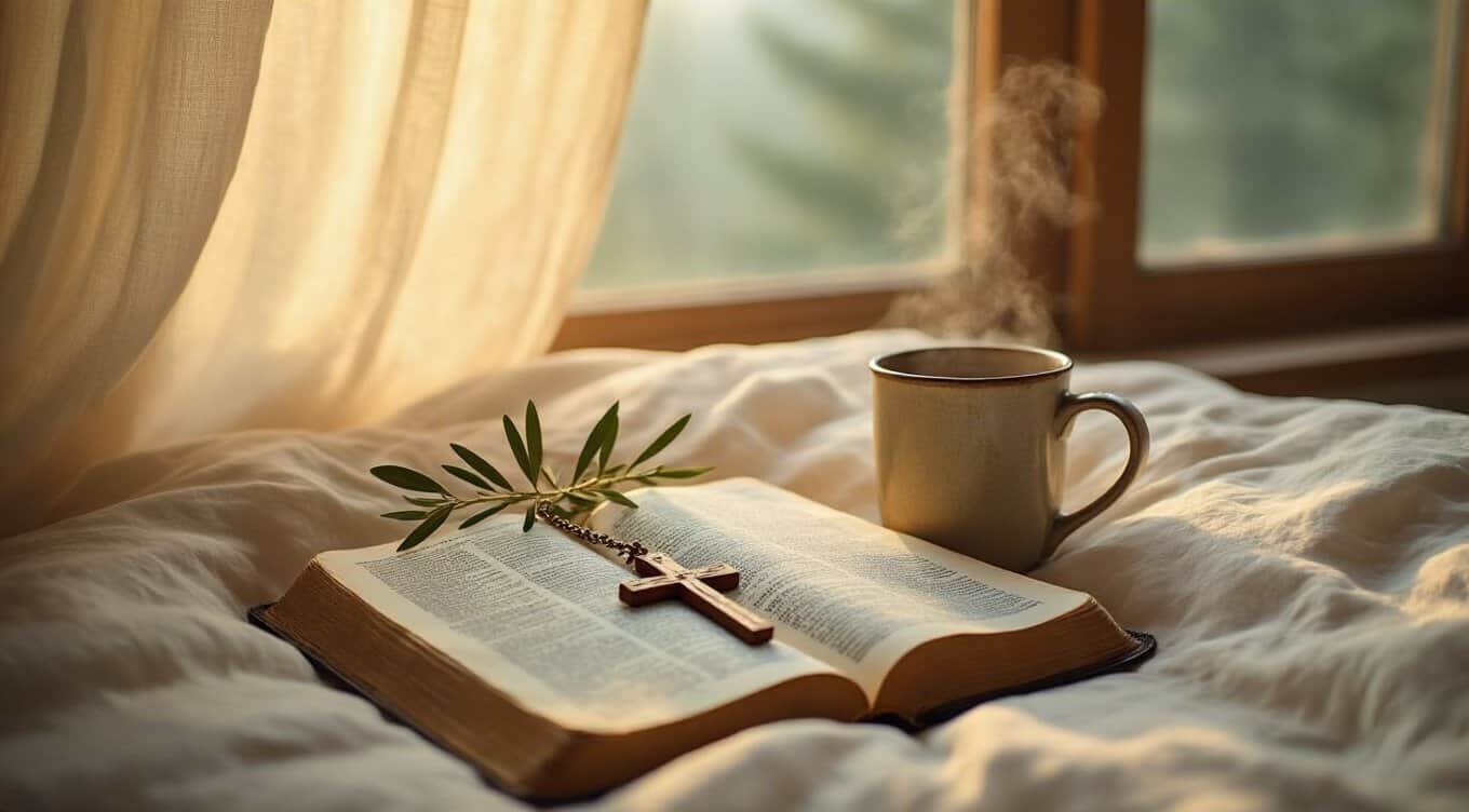 Christian Verses to Memorize Short Scriptures for Daily Strength My Bible Song 2026 Steaming cup of coffee or tea, open Bible with a cross rosary, green leaves, and soft sunlight streaming through window, creating a cozy, spiritual atmosphere for worship and meditation.
