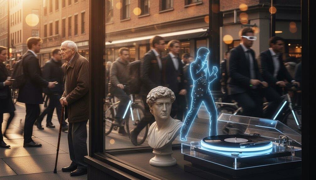 High-tech city scene with elderly man and digital art of a praying woman, classical bust, and turntable display, emphasizing faith and technology inspired by "My Bible Song.".
