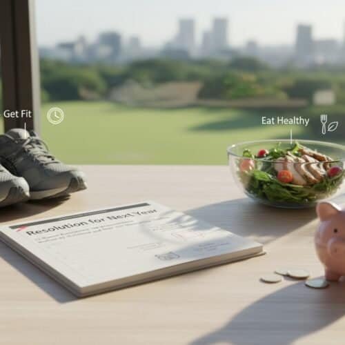 A pair of running shoes, healthy salad, water bottle, and motivational book on a bright office desk with a view, promoting fitness, healthy eating, and saving money for a balanced lifestyle.