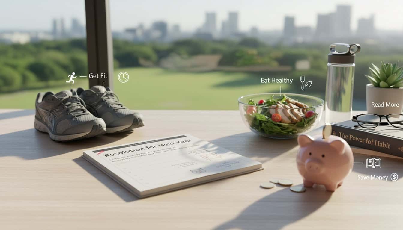 A pair of running shoes, healthy salad, water bottle, and motivational book on a bright office desk with a view, promoting fitness, healthy eating, and saving money for a balanced lifestyle.