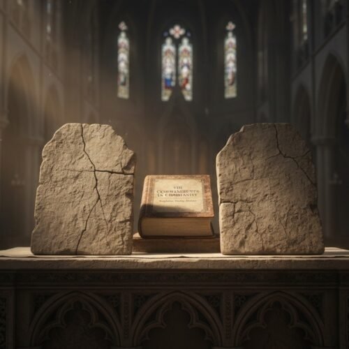 Alt text: Image of an open Bible with the title "The Commandment of the Lord" on a stone altar inside a grand church with stained glass windows and Gothic architecture.