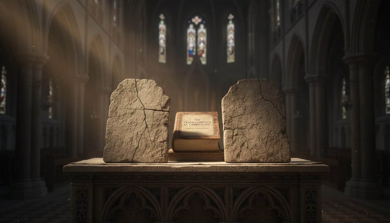 Alt text: Image of an open Bible with the title "The Commandment of the Lord" on a stone altar inside a grand church with stained glass windows and Gothic architecture.