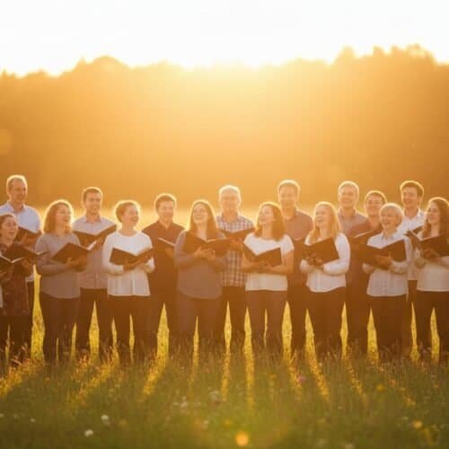 Christian Music Song Lyrics: Search and Sing the Latest Hits My Bible Song 2026 A diverse group of people singing hymns outdoors at sunset, holding hymn books, creating a joyful and spiritual atmosphere for Christian worship and prayer.