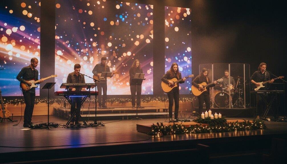 Inspiring Christian worship band performing Christmas-themed song on stage with candles, lights, and holiday decorations, perfect for spiritual renewal and gospel music through My Bible Song platform.