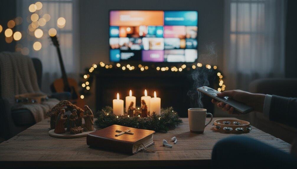 Engaging image of a cozy living room with candles, nativity scene, and a person watching Christian videos on TV, perfect for promoting faith-based holiday entertainment and spiritual reflection.