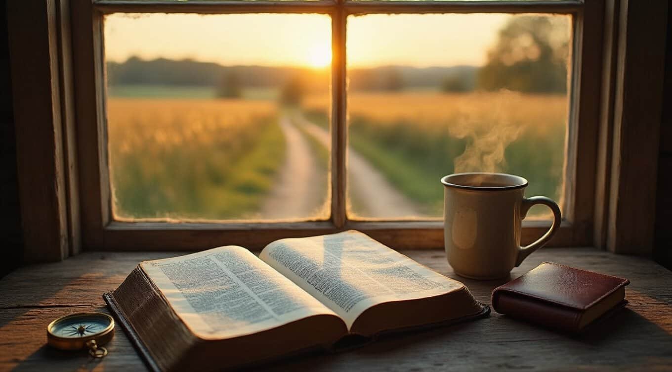 A cozy scene of an open Bible, steaming coffee mug, and a journal by a window at sunset, inspiring faith and devotion with Christian songs from My Bible Song. Perfect for spiritual reflection and prayer.