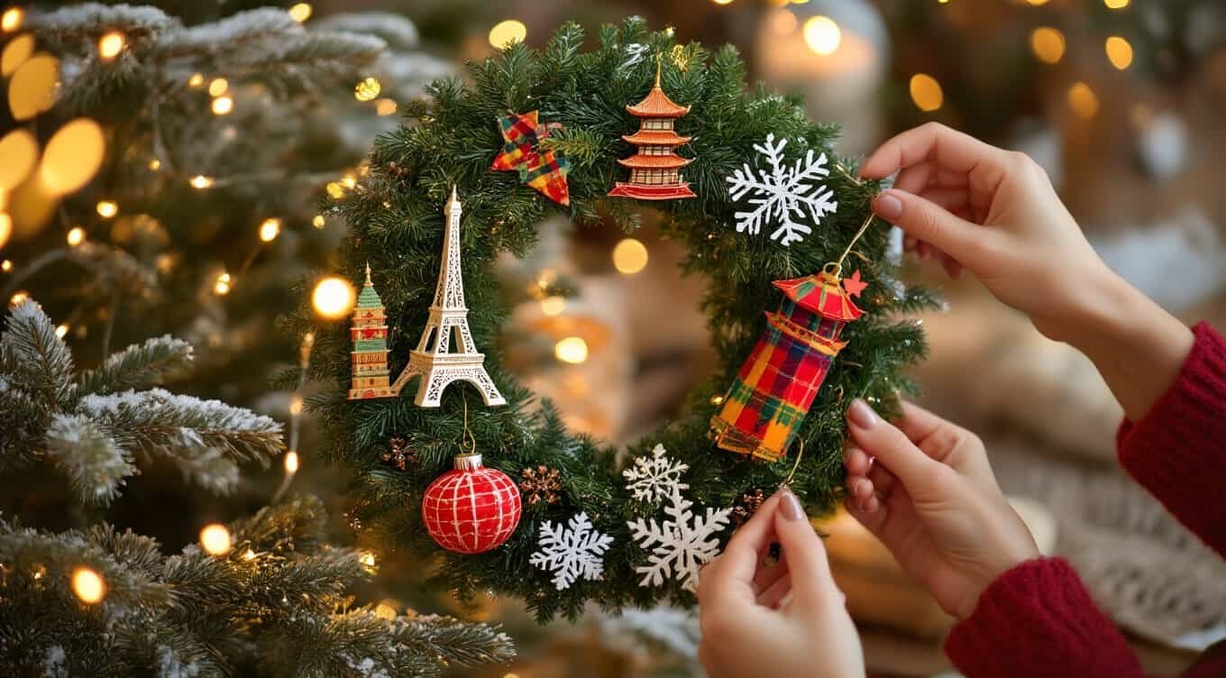 Festive Christmas wreath with ornaments and holiday accents perfect for celebrating the season and sharing biblical inspiration through music.