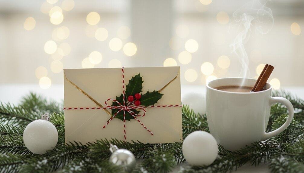 Beautiful Christmas card with holly decoration, surrounded by pine branches, white ornaments, and a steaming hot cocoa with cinnamon stick, perfect for celebrating Christian holiday season.