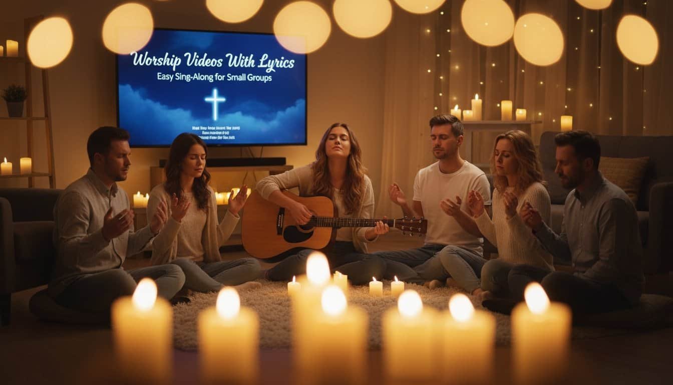 Worship prayer group singing with candles, guitar, and lyrics sheet, cozy home setting, candlelight ambiance, spiritual worship, small group faith gathering.
