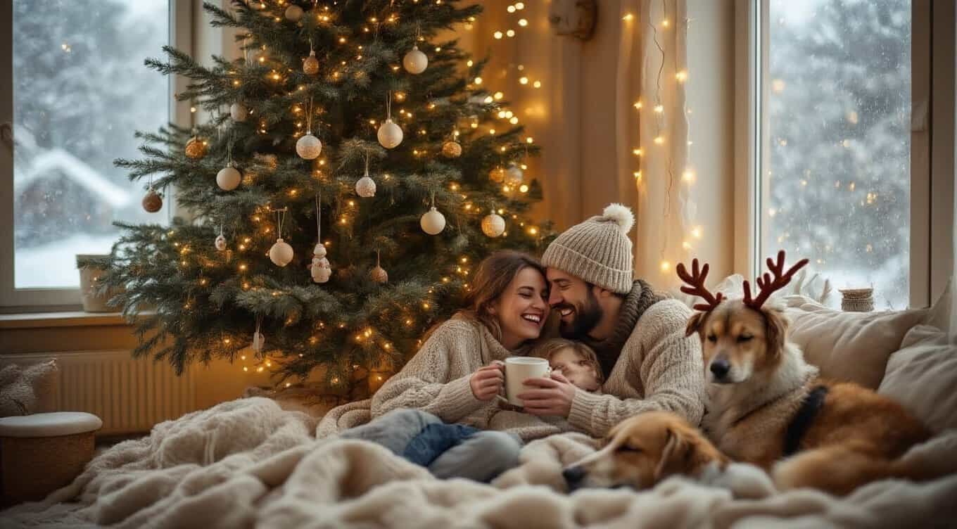 Crismistmas Card Ideas and Messages: Cute, Funny, and Heartfelt Wishes My Bible Song 2026 A joyful family enjoying Christmas together by a decorated tree with dogs wearing reindeer antlers, creating a warm, festive holiday scene with candles and snow outside the window.