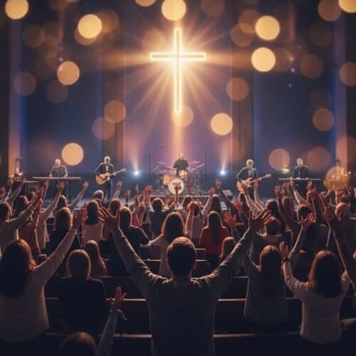 Music Videos With Lyrics: Sing-Along Christian Hits My Bible Song 2026 An energetic church congregation lifts their hands in praise during a live worship song inside a vibrant, beautifully lit church with a glowing cross at the altar.