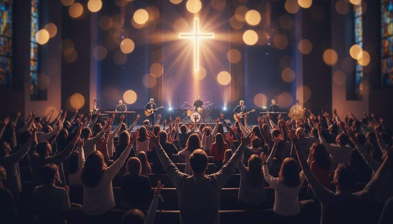 An energetic church congregation lifts their hands in praise during a live worship song inside a vibrant, beautifully lit church with a glowing cross at the altar.