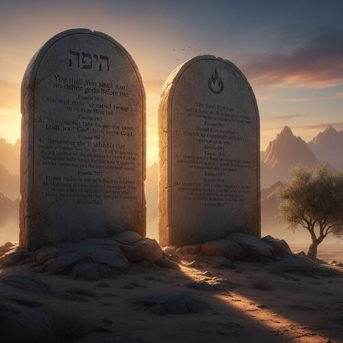 Alt text: Inspirational scenery of two large stone tablets inscribed with Bible verses and songs, set against a mountainous landscape at sunset with a lone tree, emphasizing faith, devotion, and Christian worship.